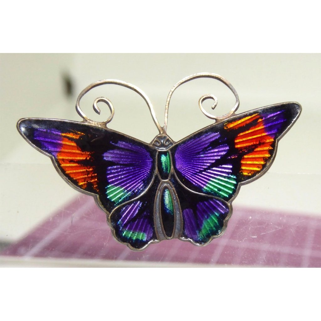 David Andersen Norway Sterling Silver Enamel Butterfly Brooch Purple Orange Blac